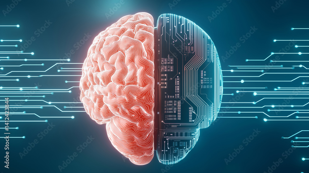 Poster human brain and ai chip merge, symbolizing fusion of biology and technology. image highlights concep