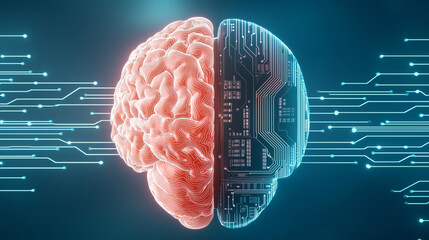 human brain and AI chip merge, symbolizing fusion of biology and technology. image highlights concept of artificial intelligence integration with human cognition