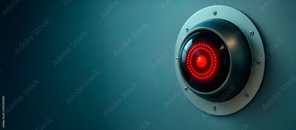 Poster futuristic red glowing surveillance camera lens on dark teal wall background with copy space, symbol