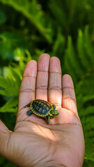 Vibrant baby turtle resting gently in a human hand, surrounded by lush tropical greenery and natural daylight in a peaceful outdoor setting