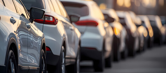 Automotive Array: A panoramic view of an array of parked vehicles, showcasing the sleek lines and designs of modern automobiles. Capturing the allure of automotive style and engineering excellence.