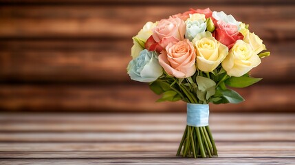A pastel bouquet of roses on a wooden table, tied with a light blue ribbon