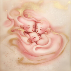Obraz premium Three angelic babies sleep nestled together, wrapped in flowing pink and gold swirls, radiating warmth, innocence, and dreamy comfort in a surreal, pastel fantasy scene.