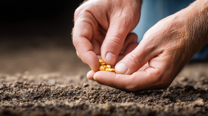 Close up of hands holding seeds above fertile soil, preparing for planting. Concept of agriculture, gardening, and new beginnings.