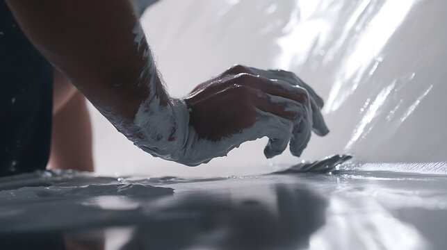 Drywall installer applying joint compound to seams. Featuring drywall finishing and home improvement