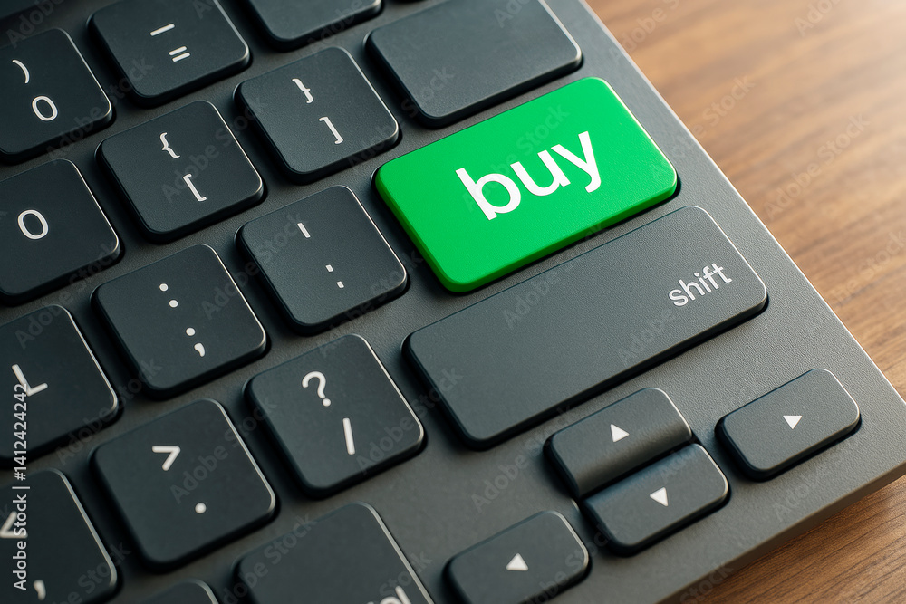 Aufkleber Closeup of computer keyboard with green buy button replacing key, symbolizing online shopping concept on wooden desk background in bright light.