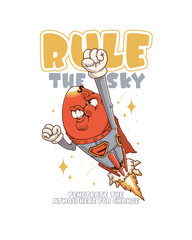 A bold vintage cartoon featuring a determined character rocketing into space with a superhero pose, symbolizing ambition, power, and unstoppable change.