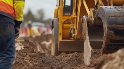 Fototapeta premium Construction worker operating a backhoe at a digging site. Featuring construction machinery and site excavation