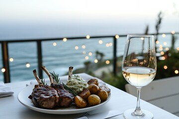 夕暮れの海辺のテラスでラムチョップと白ワインを楽しむディナー | Sunset Dinner with Lamb Chops and White Wine on a Seaside Terrace