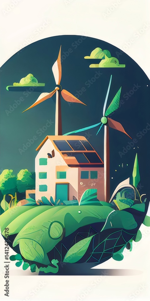 Poster 緑豊かで持続可能なエネルギーの家と風力タービンのイラスト 青い背景と明るい太陽光パネルのデザイン