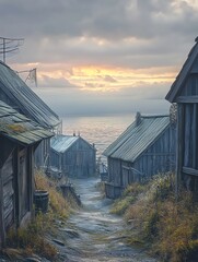 Obraz premium Walking Through an Old Fishing Village at Sunset by the Sea