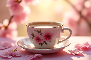 Fototapeta premium Enjoying tea in a beautiful floral setting cherry blossom garden photography serene close-up