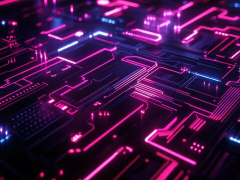 Digital Circuitry: A mesmerizing close-up of a digital circuit board bathed in vibrant neon hues, showcasing the intricate pathways of technological innovation. 