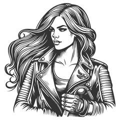Woman in Leather Jacket Holding Motorcycle Handle