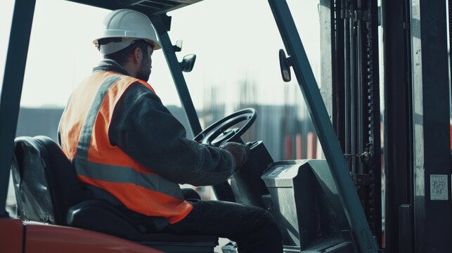 Construction worker operating a forklift on a construction site. Featuring efficiency and control