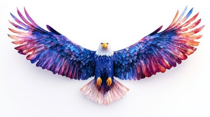 Vibrant Eagle Soaring With Wings Spread Wide Against a Clean White Background, Showcasing Its Majestic Plumage