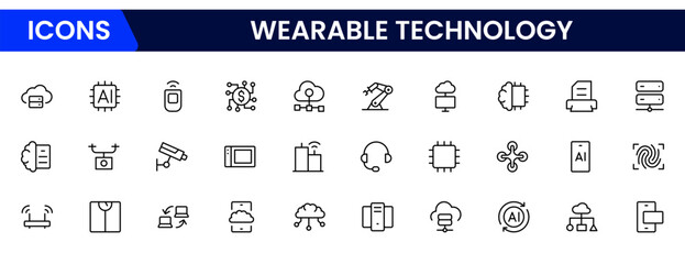Vector icon for wearable technology. Depicts various wearable devices designed for fitness tracking, communication, and health monitoring.