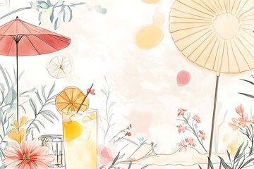 Obraz premium Watercolor summer drink with parasols and flowers.
