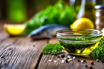 Fresh fish preparation with herbs and lemon on a wooden table in a rustic kitchen