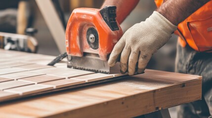 Tiler cutting ceramic tiles for a bathroom floor. Featuring accuracy and craftsmanship