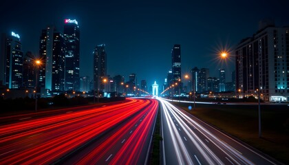 Fototapeta premium light trails of traffic at night in urban city, long exposure style