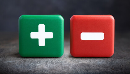 Obraz premium Bright green plus and red minus 3D icons. Minimalistic design. Isolated on dark backdrop.