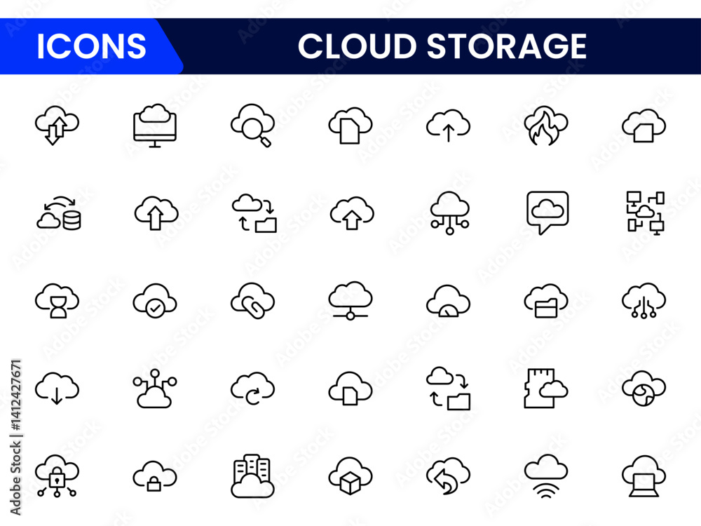 Poster cloud storage & backup collection of data related icons, including data storage, cloud storage data,