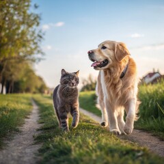 Golden Retriever Dog and Gray Cat Walking on a Path Friendship Companionship Loyalty Nature