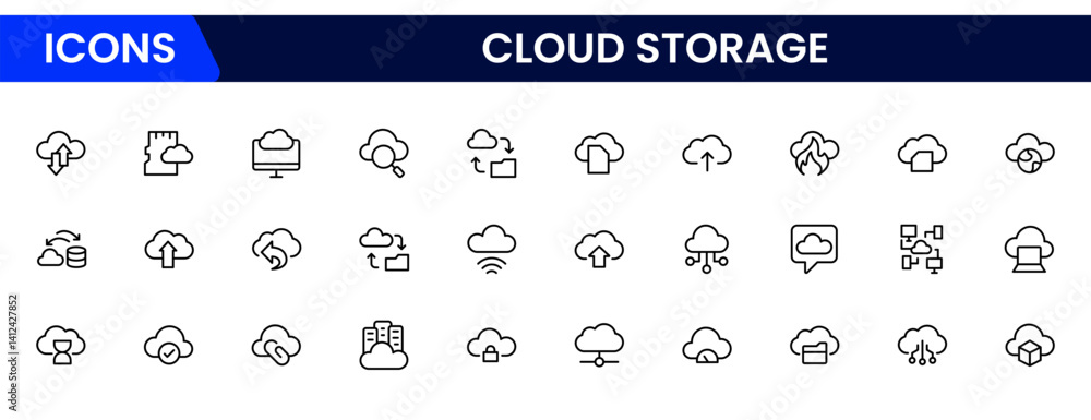 Poster cloud storage & backup collection of data related icons, including data storage, cloud storage data,