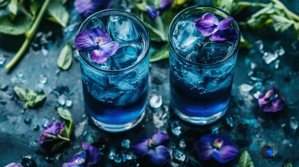 Refreshing Blue Beverage with Ice and Edible Flowers in Glasses