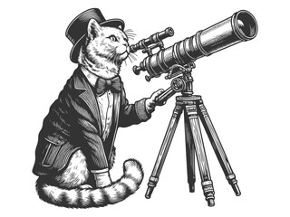 Explorer Cat Looking Through Telescope vector