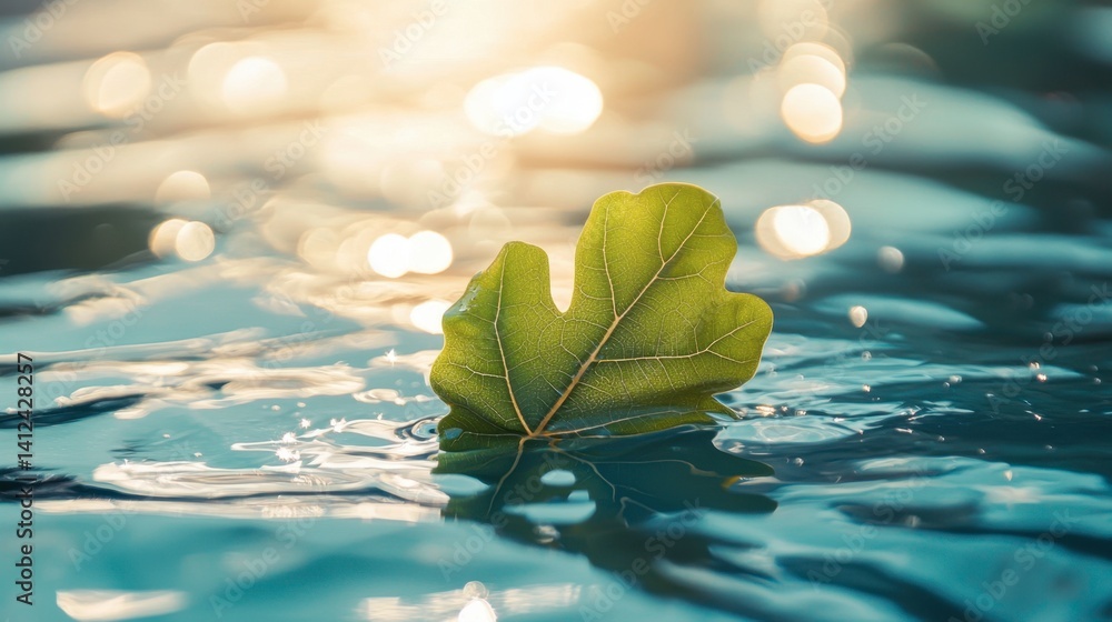 Poster leaf floating on water surface with bokeh lights background