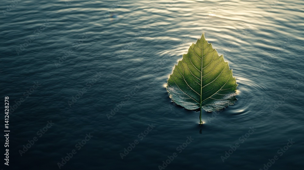 Poster leaf floating on calm water surface with gentle ripples and reflection