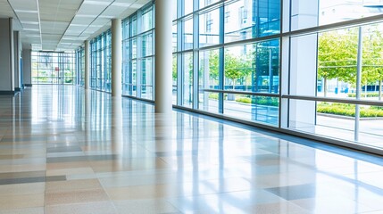 Fototapeta premium Empty modern office hallway with large windows