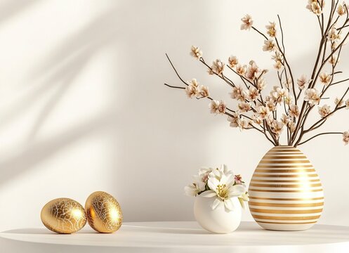 Easter background with a podium and golden-striped eggs, flowers in a vase on a white table against a light wall. Space for text. Easter concept. Stock photo contest winner, high-resolution photo,