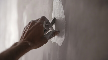 Drywall installer taping seams for a fresh coat of paint. Highlighting drywall preparation and home renovation