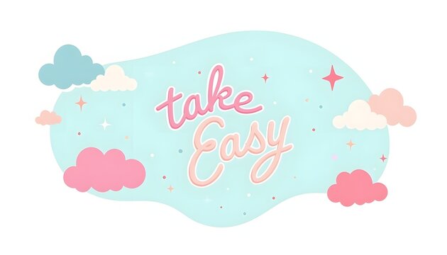 pastel lettering “Take It Easy” with floating clouds and abstract shapes