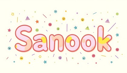 kawaii style text “Sanook” with party icons and cheerful faces, bright fun mood
