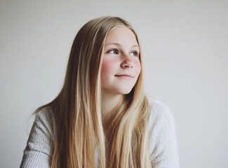 Fototapeta premium The beauty of a woman with long, blonde hair is captured as she is isolated on a white background, emphasizing her healthy hairstyle