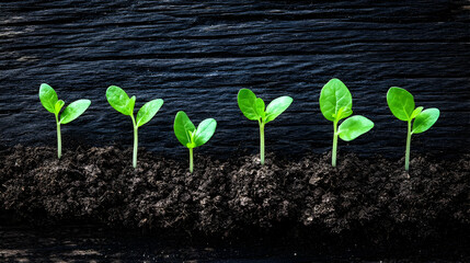 Naklejka premium Fresh green seedlings emerging from rich dark soil against a textured black background, symbolizing growth