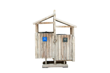 Old brown rubbish bin garbage wood Square shape located  isolated on cutout PNG or transparent background. Waste collection equipment in park protect the environment.