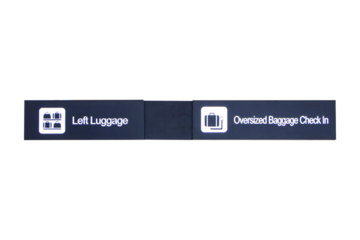 Black signs with white letters symbol icon for Left Luggage, Oversized Baggage Check In at International Airport isolated on cutout PNG or transparent background. Inform tourists about places.