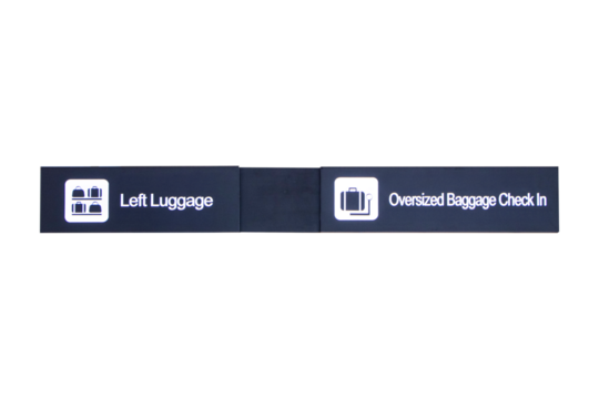 Black signs with white letters symbol icon for Left Luggage, Oversized Baggage Check In at International Airport isolated on cutout PNG or transparent background. Inform tourists about places.