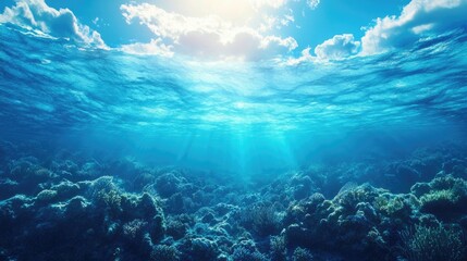 Underwater background with sea surface, seabed, and sky