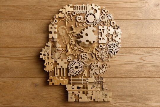 An image conceptualizing mental exhaustion and brain fatigue, marked by problems with concentration, is set against a wooden background and features a head silhouette along with various other