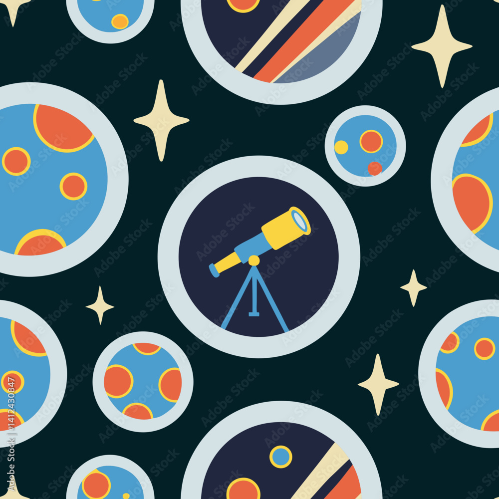 Poster telescope view pattern with circular motifs in space style