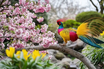 A golden pheasant displaying its vibrant plumage amidst blooming cherry blossoms in a Chinese garden.