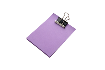 Several purple square papers bound by a black binder clip, perfect for organized and portable ideas, isolated on a transparent background