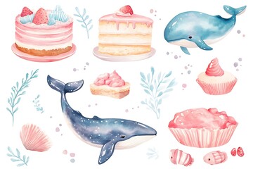 Watercolor ocean-themed cakes, cupcakes, and whales.