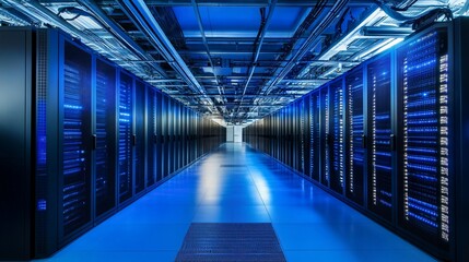 Server room with racks of computers illuminated with blue lights and pipes.
